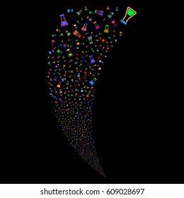 Flask random fireworks stream. Vector illustration style is flat bright multicolored iconic symbols on a black background. Object fountain done from scattered pictographs.