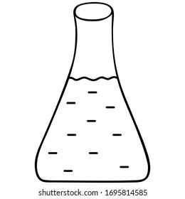 Flask with reagent. Drug creation. Glass container for chemical research in the laboratory. Vector illustration. Outline on an isolated background. Sketch. Doodle style. Liquid sample. 