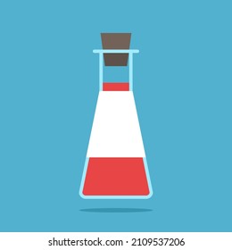Flasche mit roter Flüssigkeit oder Blut. Test-, Chemie-, Medizin-, Gesundheits-, Forschungs- und Wissenschaftskonzept. Flaches Design. Vektorgrafik. EPS 8, keine Farbverläufe, keine Transparenz