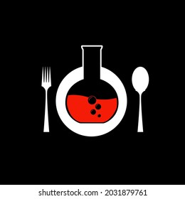 flask with red liquid and bubbles on a plate, a fork and a spoon lie next to it - Powered by Shutterstock - Get 15% off with code: PIKWIZARD15