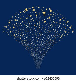 Flask salute stream. Vector illustration style is flat yellow iconic symbols on a blue background. Object explosion fountain done from random icons.