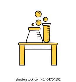 flask and science tube on table icon yellow color theme