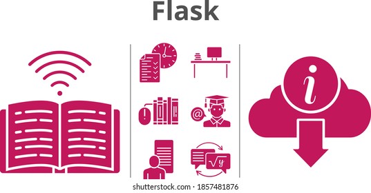 flask set. included study, books, desktop, test, student, homework, book, information icons. filled styles.