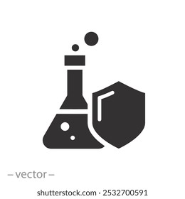 Frasco con escudo, Icono resistente a productos químicos, Protección contra la química, Experimento de laboratorio de seguridad, Defensa tóxica, Ilustración vectorial plana