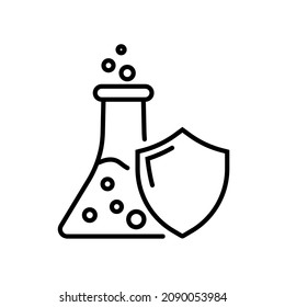 Matraz con escudo. Protección contra la química. Icono de prueba de resistencia química. Experimento de laboratorio de seguridad, defensa tóxica, signo lineal aislado sobre fondo blanco. Ilustración del vector