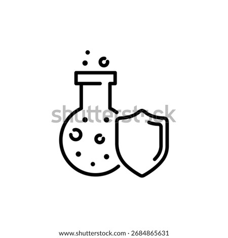 Flask with shield. Protection against chemistry. Proof chemical resistant icon. Safety laboratory experiment, toxic defense, linear sign isolated on white background. Vector illustration