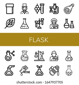 flask simple icons set. Contains such icons as Sample tube, Experimentation, Magician, Flask, Chemistry, Test tube, Laboratory, Scientist, can be used for web, mobile and logo