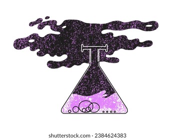 Flask with a smoking substance and grunge texture. Magic potion. Cartoon vector illustration in gothic style. Doodle esoteric hand drawn element. For stickers, temporary tattoo