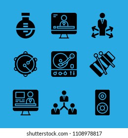 flask, television, speaker, decision making, turntable, tambourine, television, xylophone and collaboration vector icon. Simple icons set