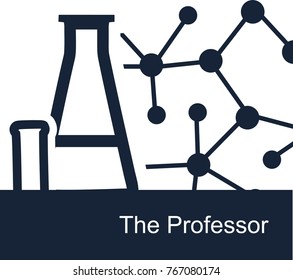 A flask, a test tube and a molecule on a white background - a simple vector backdrop or icon for the professor. Rectangular abstract contour illustration with copy space for text on the theme of scien