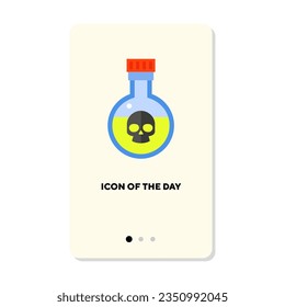 Matraz con sustancia tóxica sobre fondo blanco. Ilustración de la caricatura del reactivo químico. Química y experimentación. Elementos de símbolo de ilustración vectorial para diseño web y aplicaciones