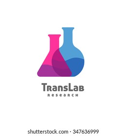 Flask: triangle and round with color liquid inside logo. Chemical symbol. Transparency is flattened. Colorful flat overlay style.