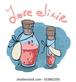 Flask and tube-test with hearts icon in hand drawn style. Love elixir. Vector illustration.