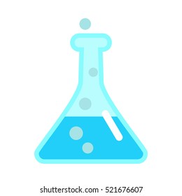 Flask vector in flat style. Chemical laboratory instruments and tools. Glass bottle with liquid. Illustration for scientific and educational concepts. Isolated on white background