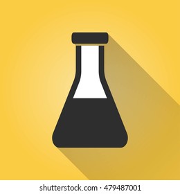 Flask vector icon with long shadow. Illustration isolated on yellow background for graphic and web design.