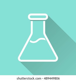 Flask vector icon with long shadow. White illustration isolated on green background for graphic and web design.