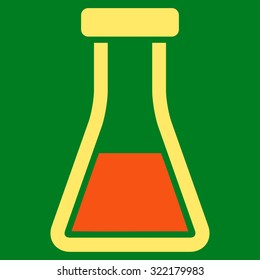 Flask vector icon. Style is bicolor flat symbol, orange and yellow colors, rounded angles, green background.