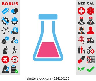 Flask vector icon. Style is bicolor flat symbol, pink and blue colors, rounded angles, white background.