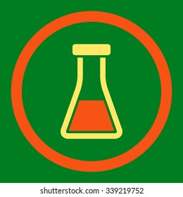 Flask vector icon. Style is bicolor flat rounded symbol, orange and yellow colors, rounded angles, green background.