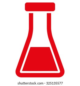 Flask vector icon. Style is flat symbol, red color, rounded angles, white background.