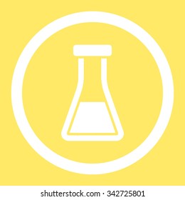 Flask vector icon. Style is flat rounded symbol, white color, rounded angles, yellow background.