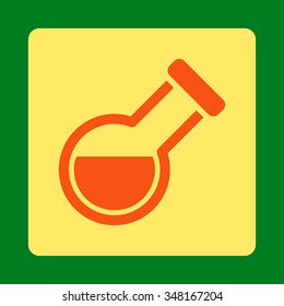 Flask vector icon. Style is flat rounded square button, orange and yellow colors, green background.