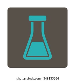 Flask vector icon. Style is flat rounded square button, cyan and grey colors, white background.