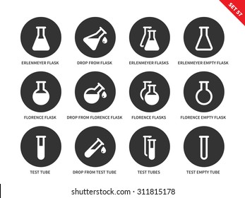 Conjunto de iconos de vectores de máscara. Tubos químicos de ensayo, concepto científico e investigador, frascos de erlenmeyer completos y vacíos, frascos de florencia, diferentes tubos de ensayo.  Aislado sobre fondo blanco