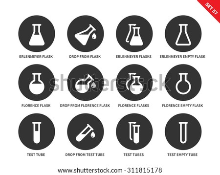 Flask vector icons set. Chemical test tubes, science and investigations concept, full and empty erlenmeyer flasks, florence flasks, different test tubes. Isolated on white background