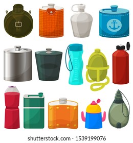 Flask vector metal bottled hip drink thermo and fitness sport plastic bottle illustration. Set of bottling stainless hipflask and chrome canister for water isolated on white background..