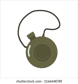 Flask for water. Drink container. Metal vessel for a campaign, travel. Military. Doodle. Vector illustration on an isolated background.