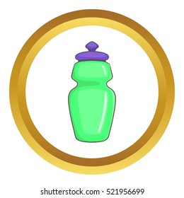 Flask for water vector icon in golden circle, cartoon style isolated on white background