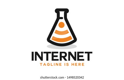 flask and wifi logo combination. Laboratory and signal symbol or icon. Unique bottle and radio logotype design template.