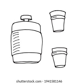 flask and wine glasses, vector outline isolated on white background