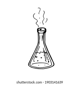 Flask with witchcraft potion poison medicine. Open liquid vial with bubbles and vapors. Hand drawn sketch black outline tattoo engraving. Stock vector illustration isolated on white background