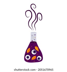 Flask of witchcraft, tincture of eyes and leaves. Witch product, cartoon design element on Halloween