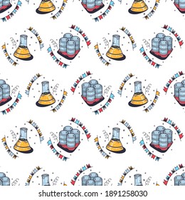 Flasks and barrels. Seamless pattern on a white background. Cute vector illustration.