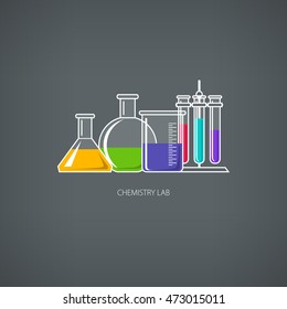 Flasks Beakers and Test-tubes, Chemical Laboratory Equipment on Gray Background, Chemistry Lab, Vector Illustration 