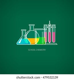 Flasks Beakers and Test-tubes, Chemical Laboratory Equipment on Green Background, School Chemistry Lab, Vector Illustration 
