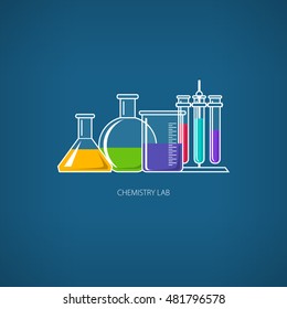 Flasks Beakers and Test-tubes, Chemical Laboratory Equipment on Blue Background, Chemistry Lab, Vector Illustration 
