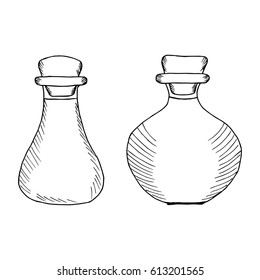 Flasks (bottles, containers, jugs) for essential or edible oils. Hand drawn ink design element. Vintage black illustration. Isolated on white background.
