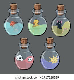 flasks bottles with items on gray background with potion and items: sun, rat, moon, skull, fish, duck. vector illustration