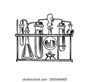 Flasks for chemical experiments. Laboratory still life. Glass equipment. Alchemy glassware for perfumery and cosmetics making. Education doodle icon. Outline black ink for infographic, website or app