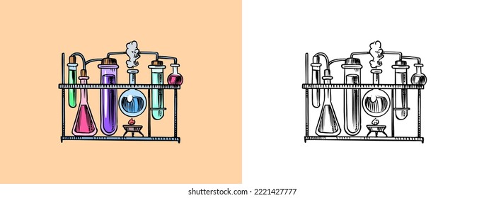 Máscaras para experimentos químicos. Vida residual de laboratorio. Equipo de vidrio. Alquimia de vidrio para perfumería y cosmética. Icono del doodle educativo. Esquema de tinta negra para infografía, sitio web o aplicación