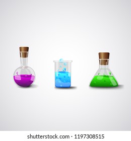 Flasks for the chemical laboratory. Realistic vector icons.