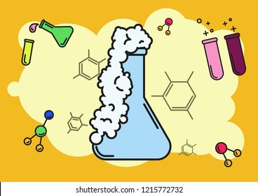 Flasks with chemical reactions and atoms on a yellow background. Vector illustration.