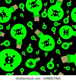 Flasks with green poison on a black background, seamless pattern, vector