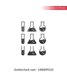 Flasks, laboratory glass black vector icon set with editable line. Flask, lab glassware symbol set. Lab glass with liquid and bubbles.
