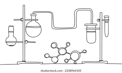 Máscaras en un trípode para experimentos en química. La química como materia escolar. Día del Conocimiento. Día Internacional de la Alfabetización. Un dibujo de línea para diferentes usos. Ilustración vectorial.