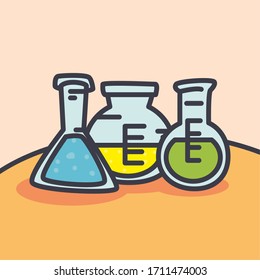 Flasks over table design, Chemistry science laboratory research technology biology equipment and test theme Vector illustration